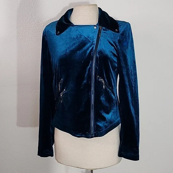 Badgley Mischka Jacket Velvet Chic Moto Turquoise Size S - Picture 12 of 16